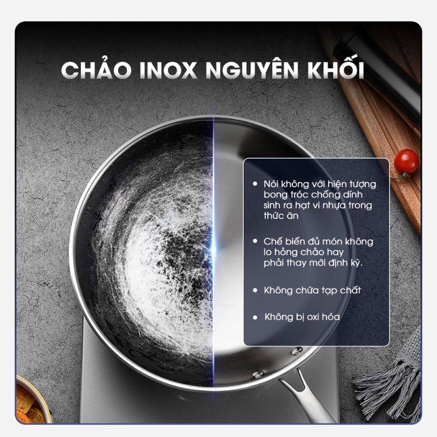Chảo Inox đáy từ 3 Lớp Mishio (Size 22, 24, 26, 28, 30cm) Đúc Nguyên Khối, Đáy Từ, An Toàn Vượt Trội - hàng chính hãng