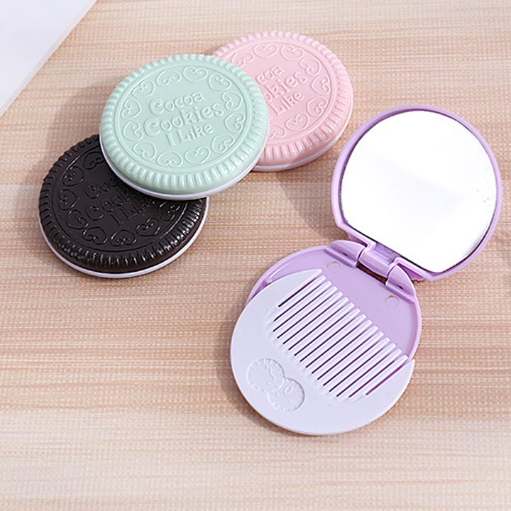 Bộ gương lược bỏ túi mini hình chiếc bánh cookie - màu nâu sẫm  BGL12