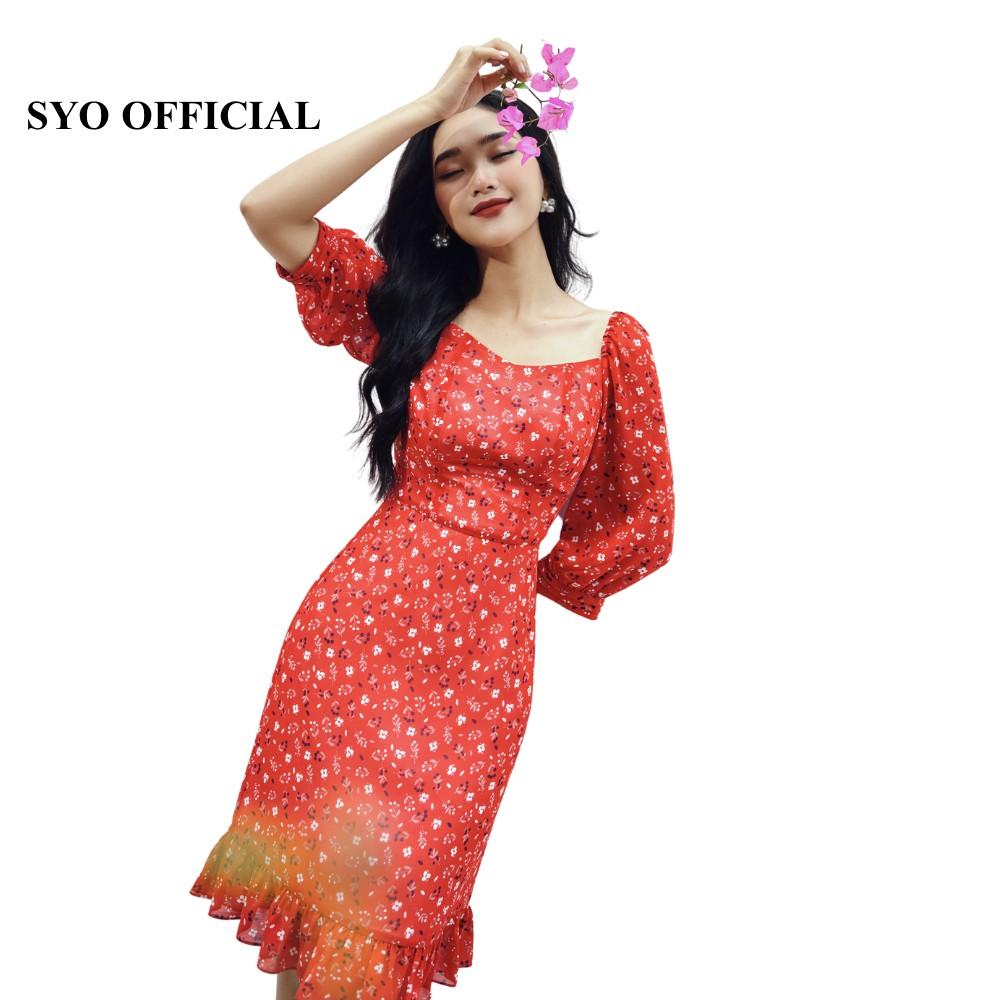 Váy hoa chiffon cổ tim tay lỡ SYO D4002-21