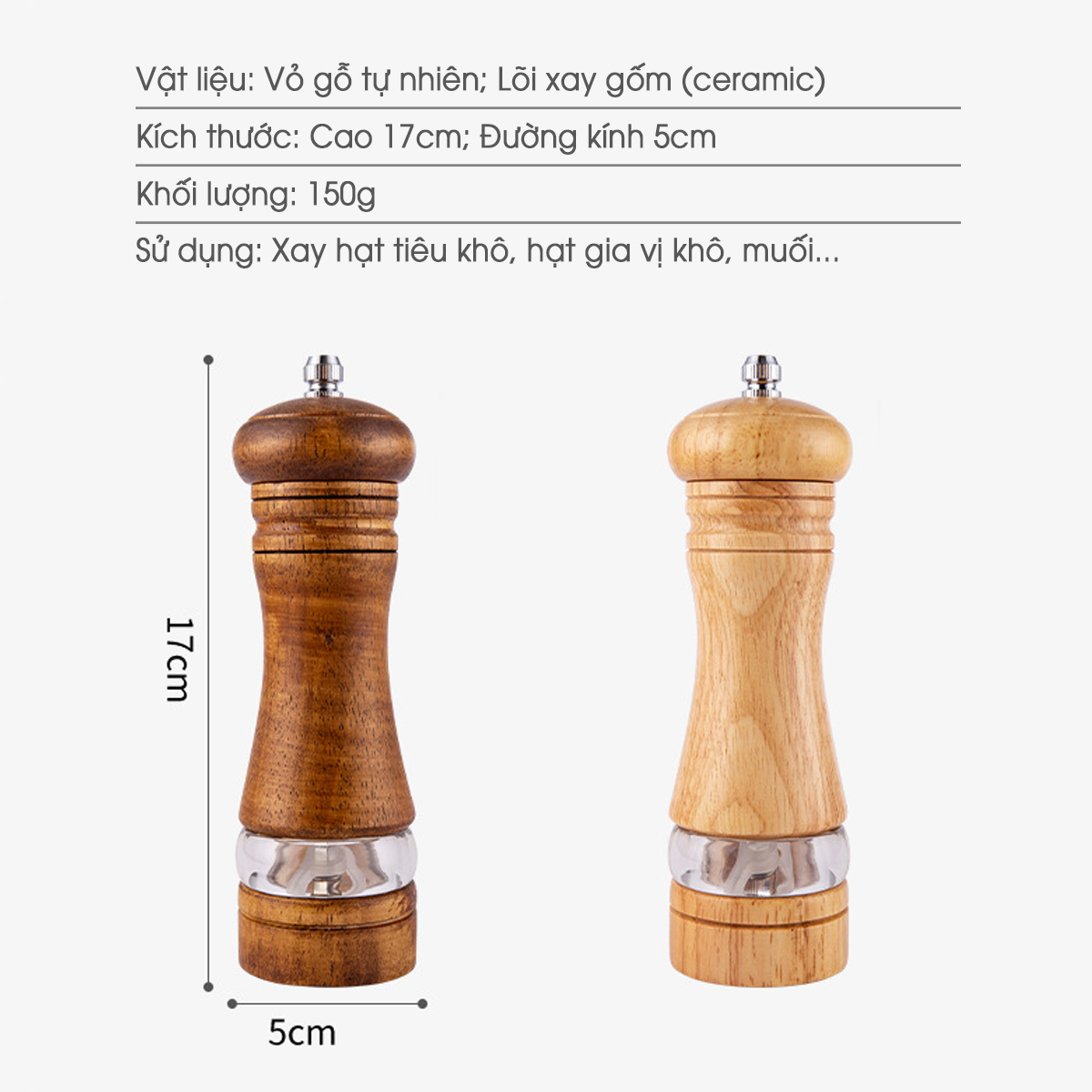 Lọ xay tiêu vỏ gỗ (GA15) thiết kế cổ điển sang trọng cho nhà hàng hoặc gia đình