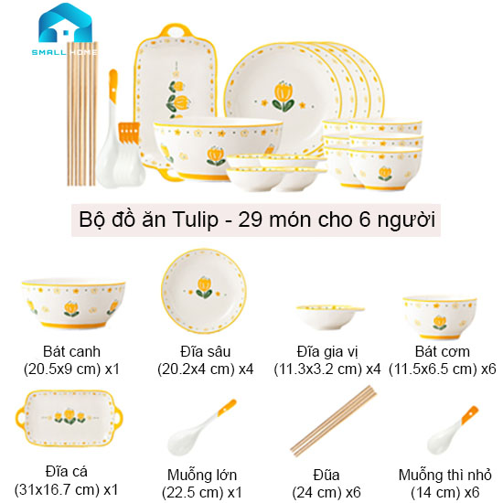 Bộ đồ ăn Hoa Tulip 29 món bằng sứ cao cấp, thiết kế hoa văn Bắc Âu nhẹ nhàng sang trọng.