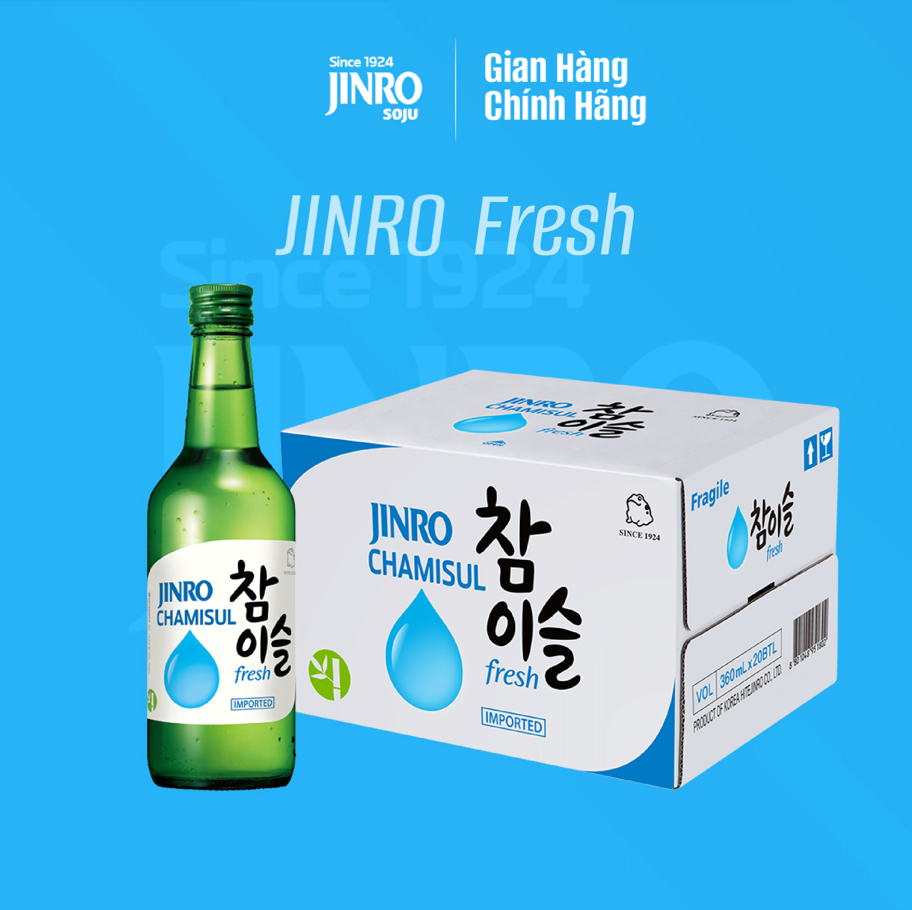 Soju Hàn Quốc JINRO FRESH 360ml - Thùng 20 chai