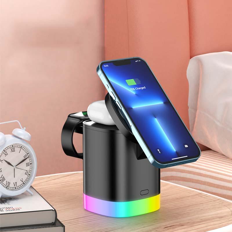 Bộ sạc không dây từ tính 3 trong 1 cho iPhone 14 13 12 Pro Max có thể gập lại trạm sạc nhanh có đèn RGB cho Apple Watch 8 7