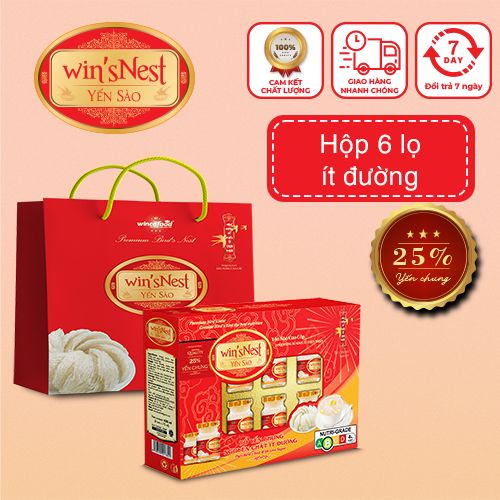 (Thùng 6 hộp) Yến sào wins'Nest 25% tổ yến chưng nguyên chất ít đường (6 Lọ x 70 ml/ Hộp)