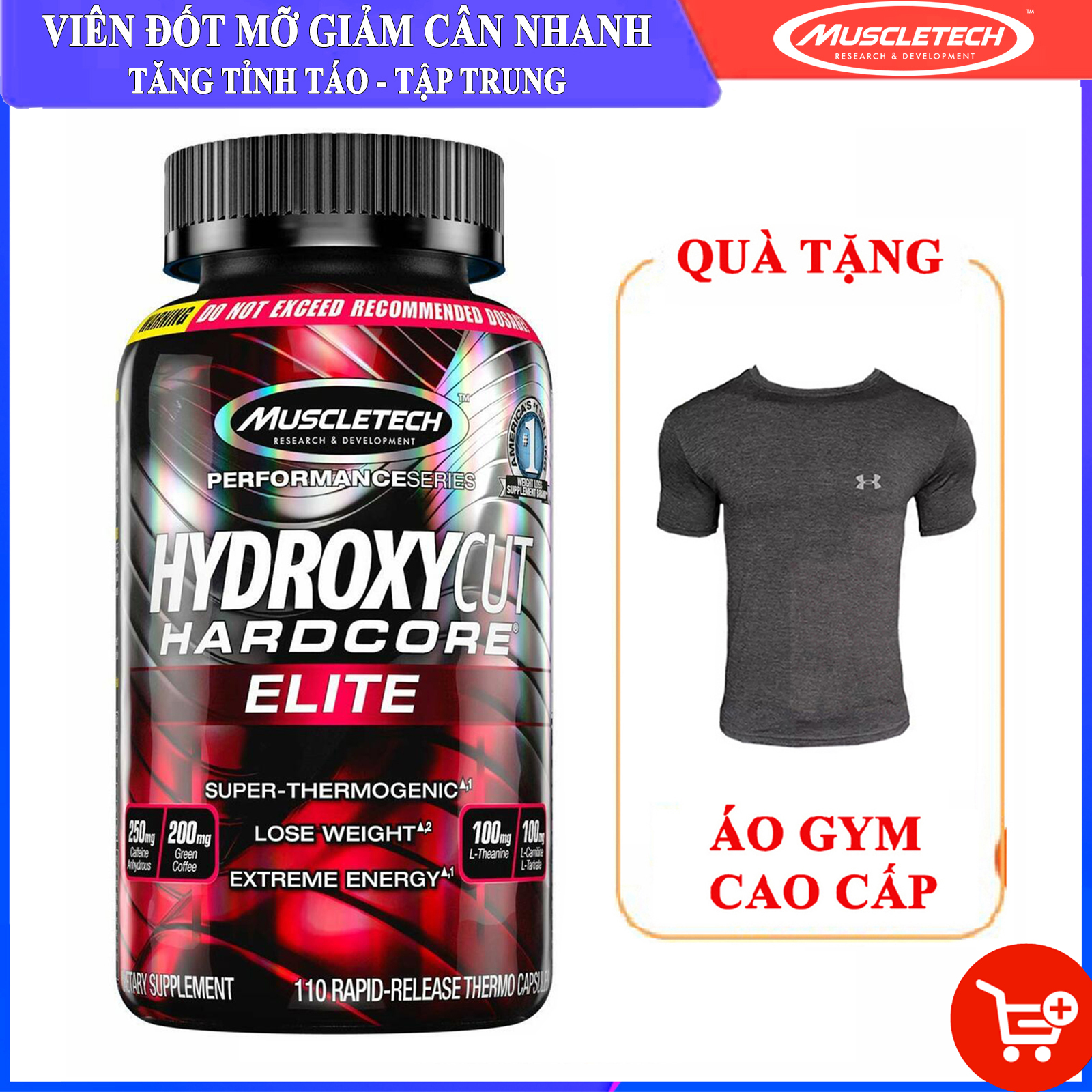 Combo Thực phẩm bổ sung Hydroxycut Hardcore Elite của MuscleTech hộp 110 viên hỗ trợ đốt mỡ, giảm cân mạnh mẽ, tăng tỉnh táo tập trung &amp; Áo thun thể thao (size L 68-80 kg)