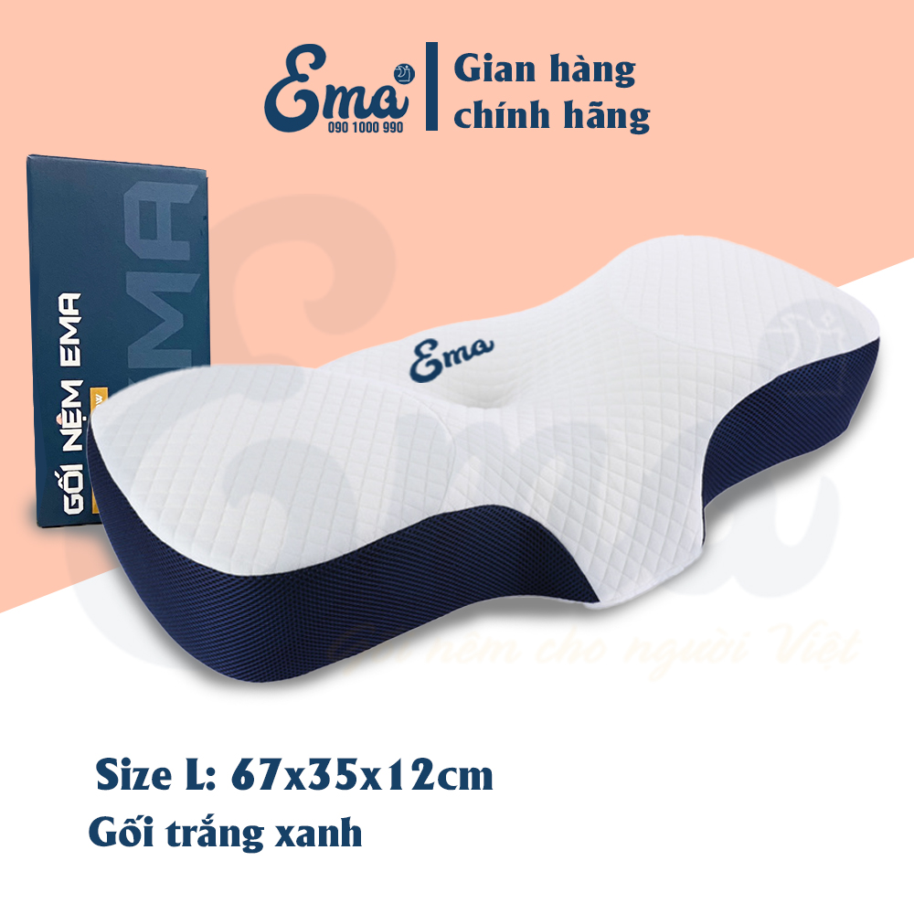 Gối Cao Su Non Công Thái Học Chống Đau Vai Ngáy, Ngủ Ngáy, Hỗ Trợ Ngủ Nhanh Ema - Thiết Kế Riêng Biệt Cho Tư Thế Nằm Ngửa Và Nằm Nghiêng - 1 Gối Trắng Xanh Size L
