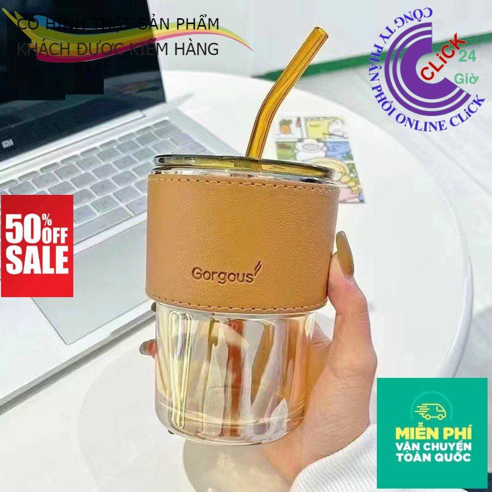 Cốc Thủy Tinh Kèm Bao Da Có Nắp Và Ống Hút 450ml, Ly Uống Nước - Hàng Cao Cấp Siêu Sang