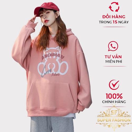 Áo Hoodies Nữ Chui Đầu Có Nón FASHION Chất Nỉ Dày Mịn in Gấu Form Rộng Che Nắng Mặc Thoải Mái