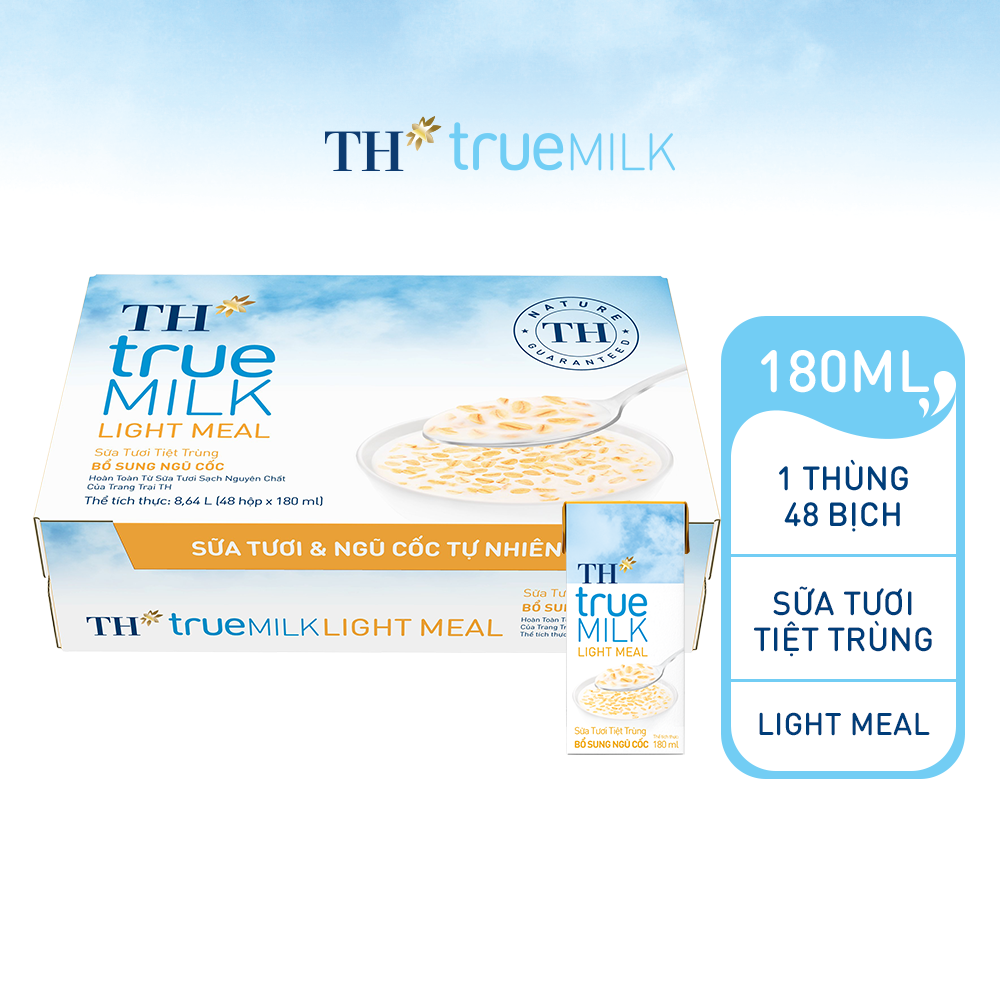 Thùng 48 hộp sữa tươi tiệt trùng TH True Milk Light Meal bổ sung ngũ cốc 180ml