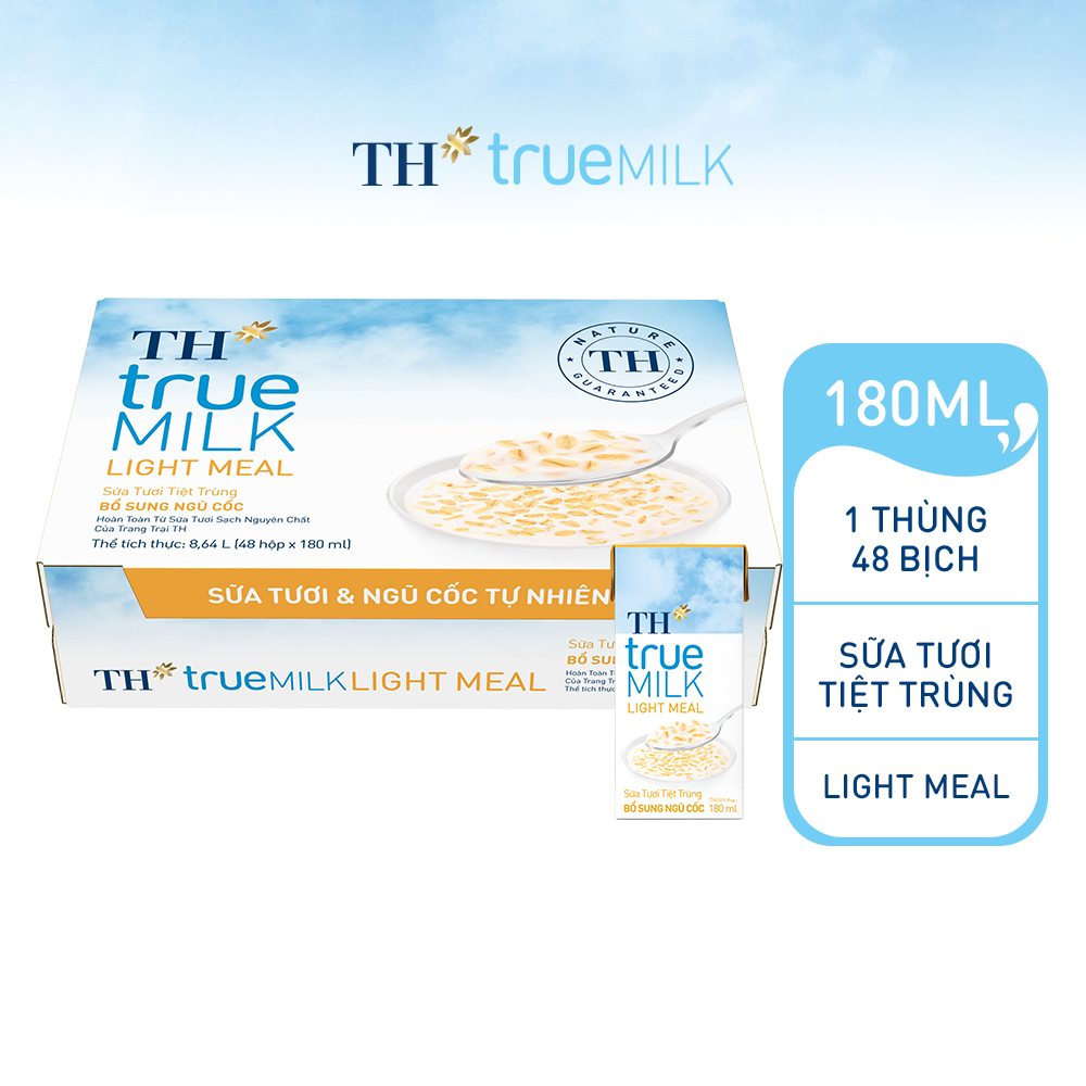 Thùng 48 hộp sữa tươi tiệt trùng TH True Milk Light Meal bổ sung ngũ cốc 180ml (180ml x 48)