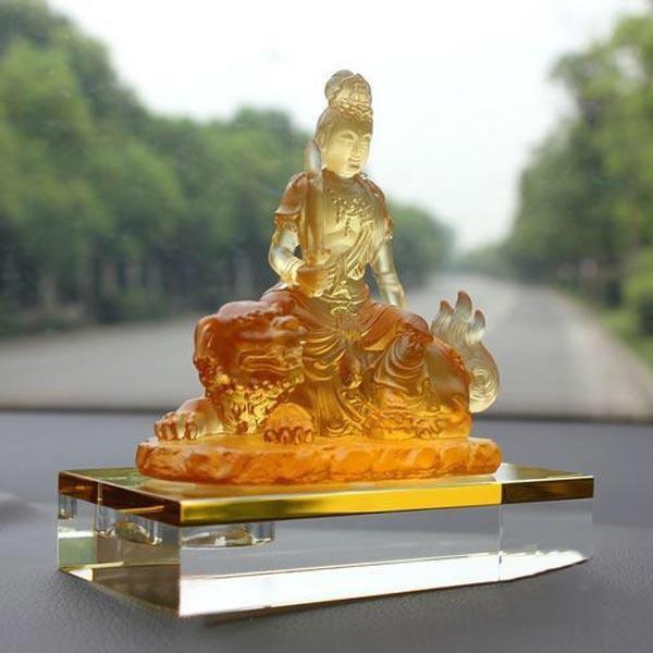 Tượng để ô tô Đức Phổ Hiền Vương Cưỡi Voi, chất liệu Lưu Ly, cao 12,5cm. - BH89