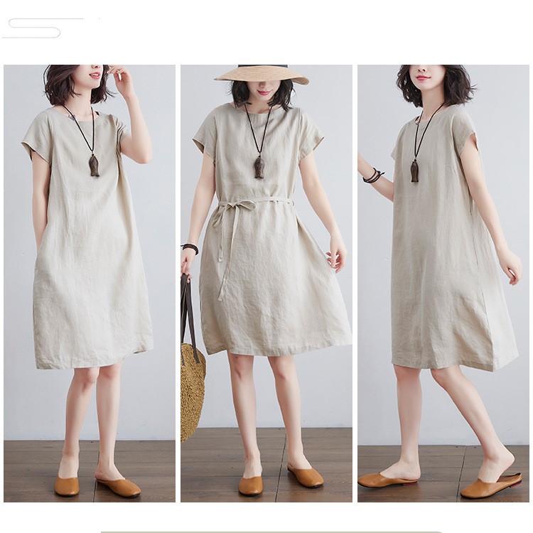 Đầm linen công sở họa tiết trơn, đầm babydoll form rộng che khuyết điểm CS81