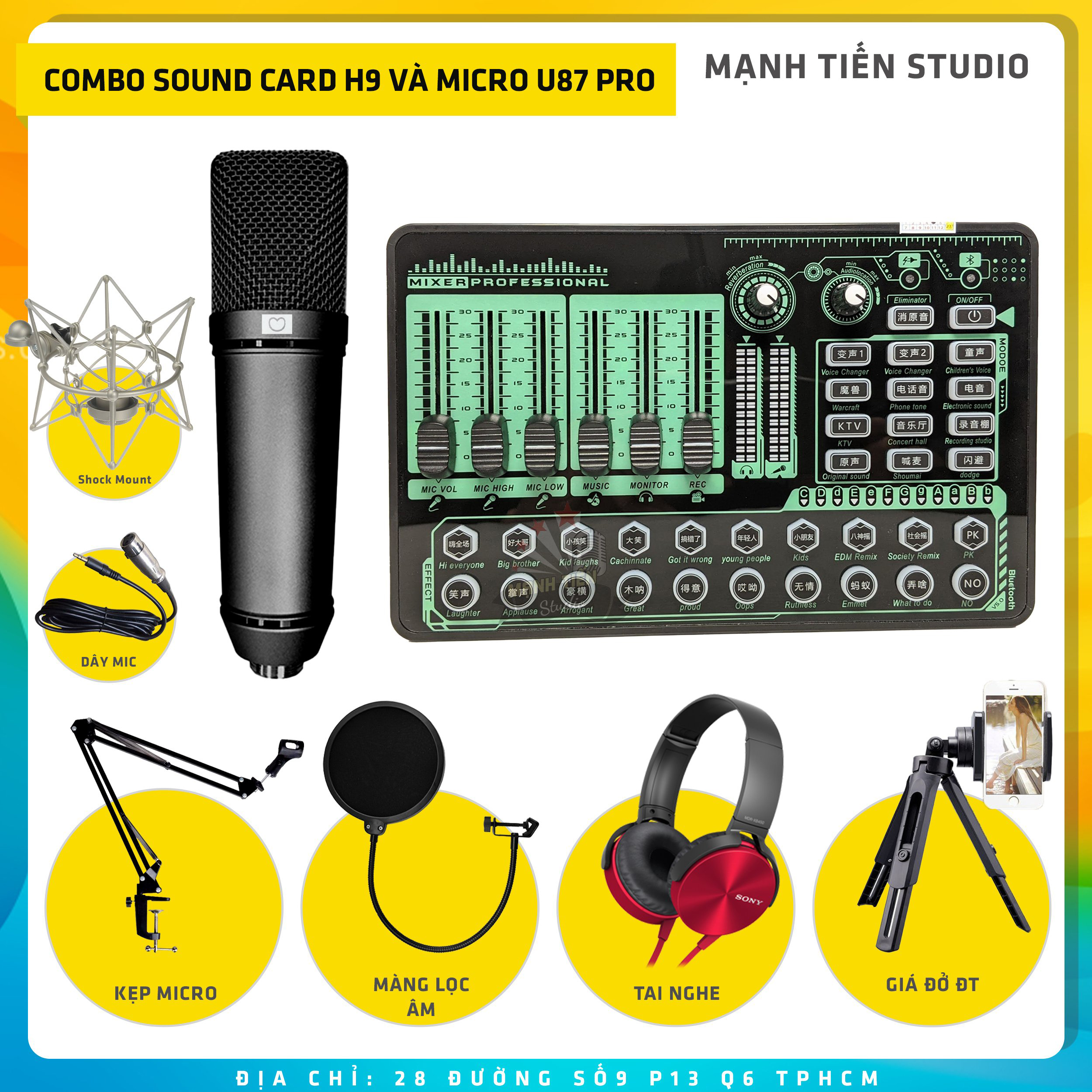 Combo thu âm, livestream Micro AQTA U87-Pro, Sound card H9 bluetooth 2021 - Kèm full phụ kiện kẹp micro, màng lọc, tai nghe, giá đỡ ĐT - Hỗ trợ thu âm, karaoke online chuyên nghiệp