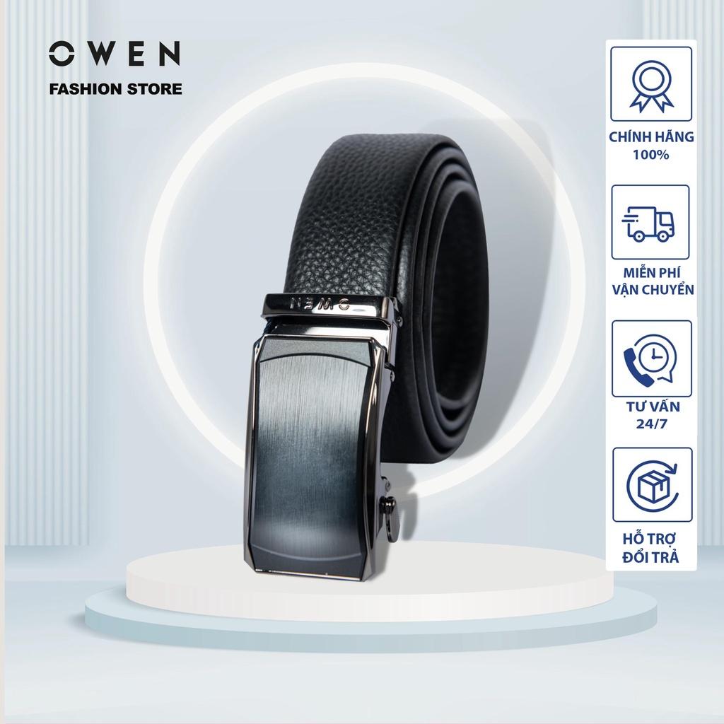 OWEN - Thắt lưng nam OWEN 100% da thật, mặt đen bóng, khóa trượt