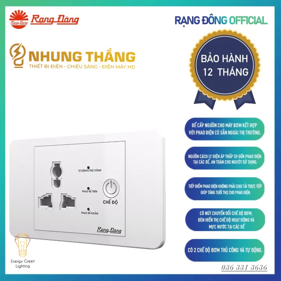 Ổ Cắm Máy Bơm An Toàn Rạng Đông OC03.MB 16A - Ổ Cắm Chống Giật Cấp N guồn 5V Cho Phao Điện - Công Suất 1500W