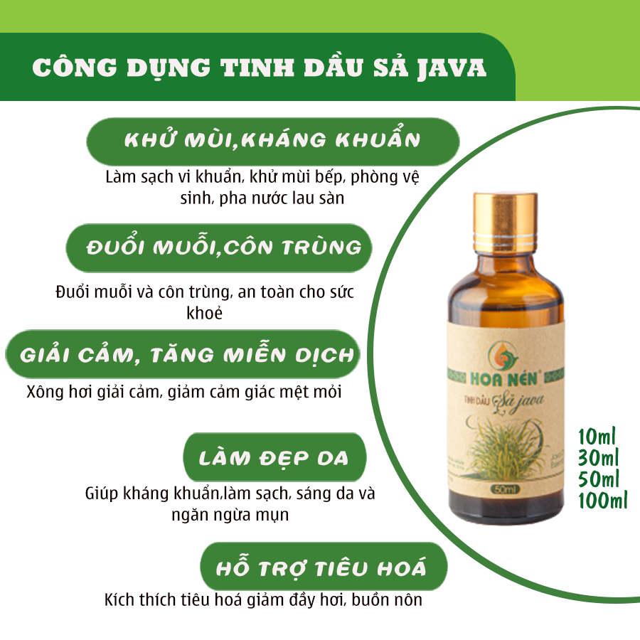 Tinh dầu Sả Java nguyên chất 100ml - Hoa Nén - Vegan - Đuổi muỗi, khử mùi