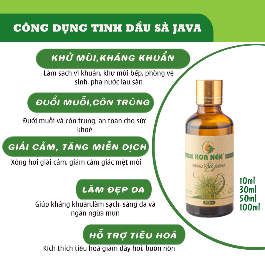 Tinh dầu Sả Java nguyên chất Hoa Nén 3ml - 100ml - Đuổi muỗi, khử mùi, kháng khuẩn