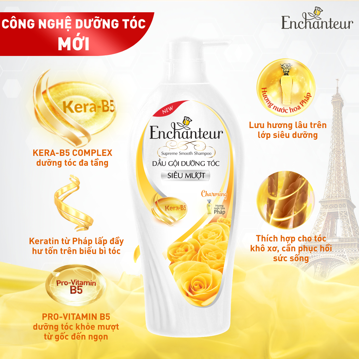 [Mua 1 Tặng 1] Dầu gội dưỡng tóc siêu mượt Keratin Enchanteur Charming 650g + Tặng nước xịt khoáng bio-essence 30ml