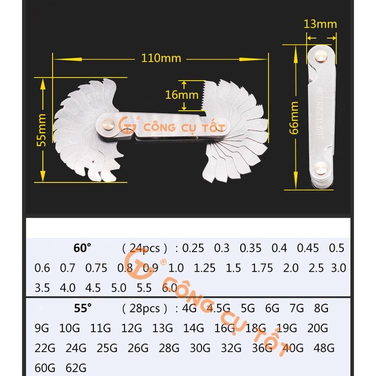 Dưỡng đo bước ren 52 lá lưỡng hệ 60° 0.25mm-6.0mm và 55° 4G-62G