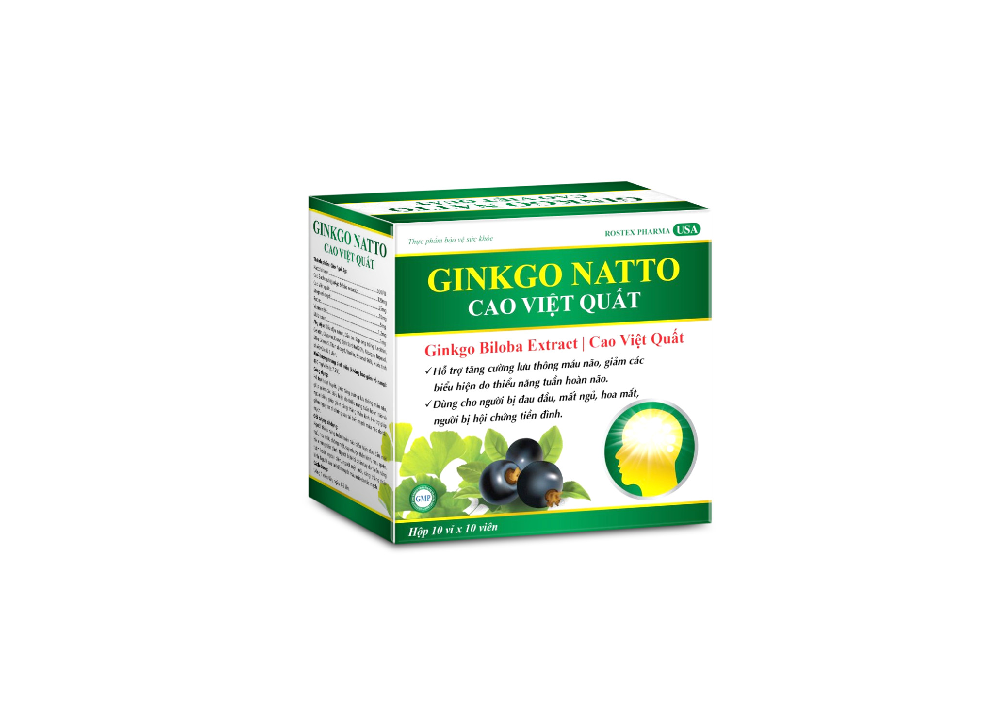 Hoạt huyết dưỡng não Ginkgo Roxtech Cao Việt Quất 1200mg - Hộp vàng 100 viên