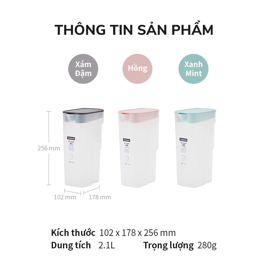 Bình nước LocknLock One Handed HAP818 - Tay cầm và nắp đậy tiện lợi - Nhựa PP - Dung tích 2.1L