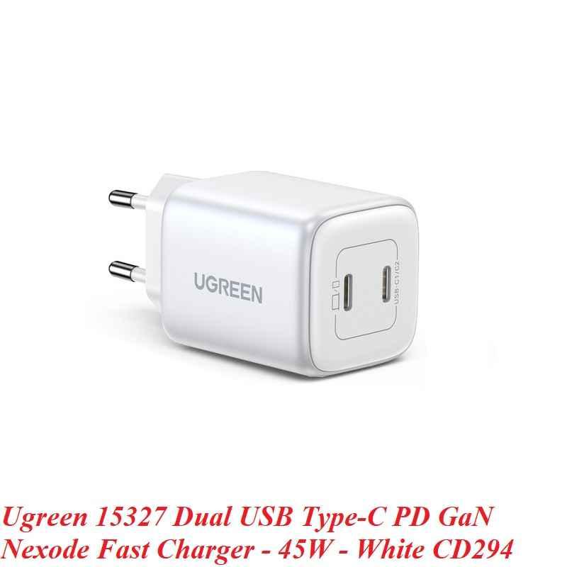 Ugreen UG15327CD294TK 45W 2C GaN chuẩn cắm EU chân tròn Màu Trắng Củ sạc nhanh 2 cổng USB-C - HÀNG CHÍNH HÃNG