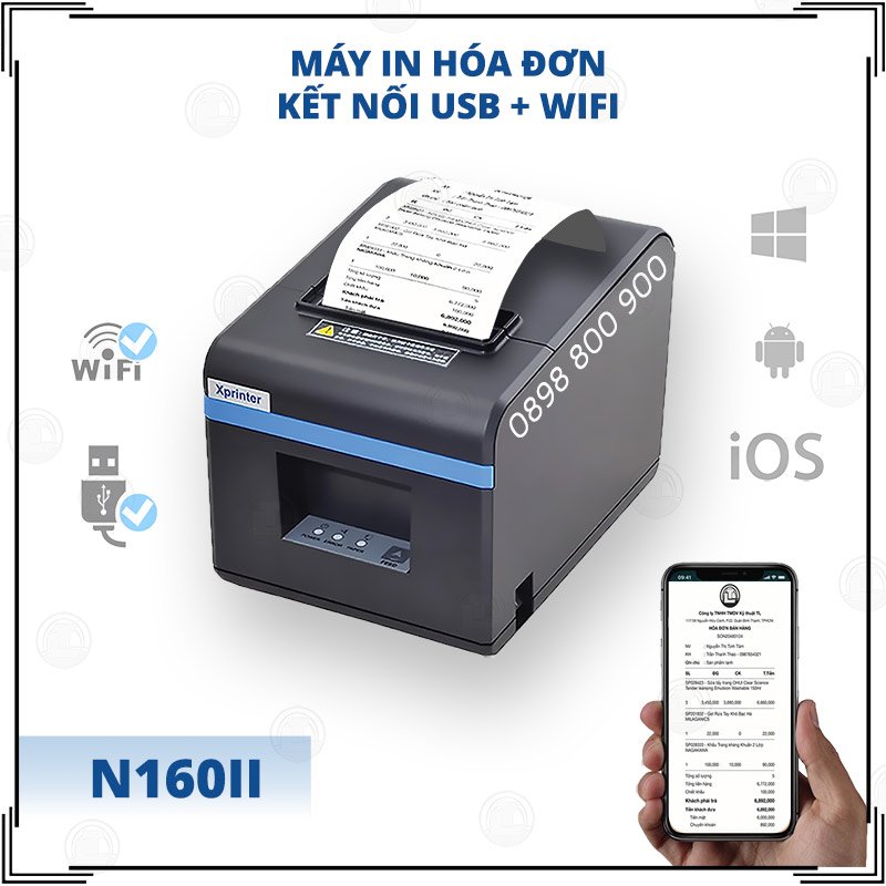 Máy in hoá đơn WIFI K80 Xprinter N160II ( USB + WIFI) in bill từ điện thoại và máy tính qua mạng Wifi không dây - Hàng nhập khẩu