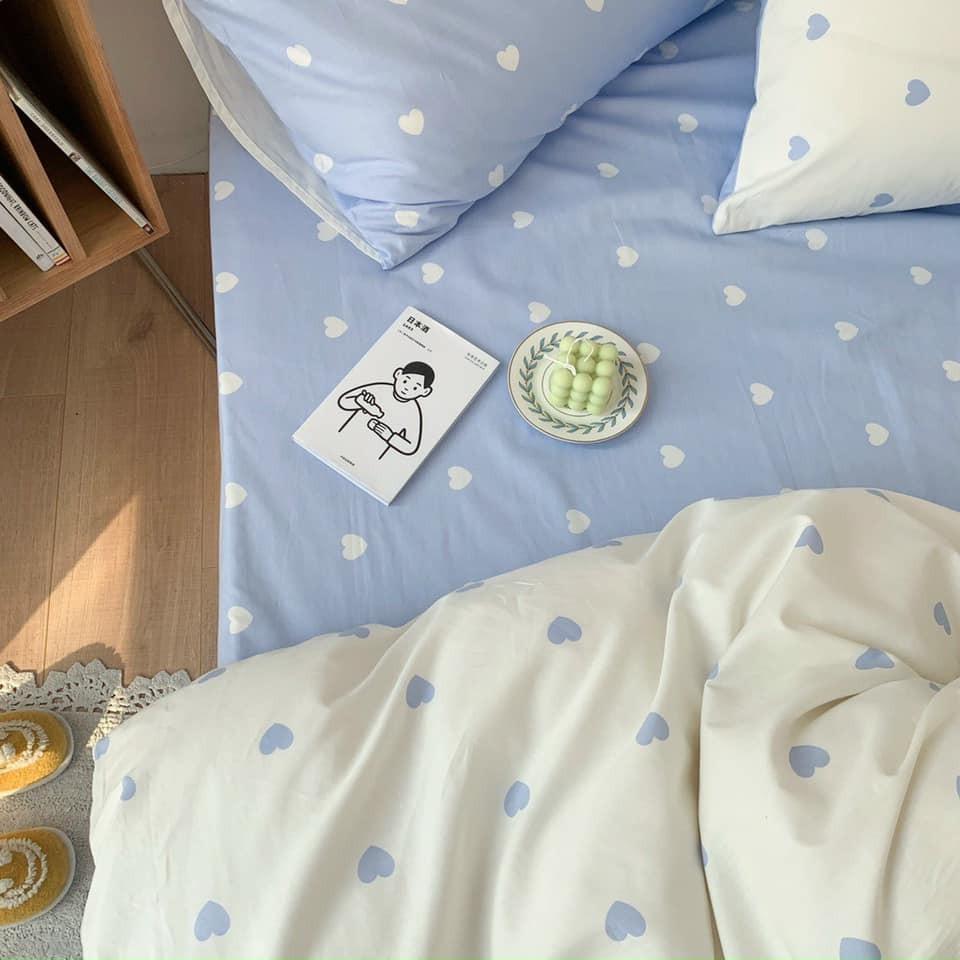 Bộ Chăn Ga Gối Cotton Poly Tim Trắng Phối Xanh