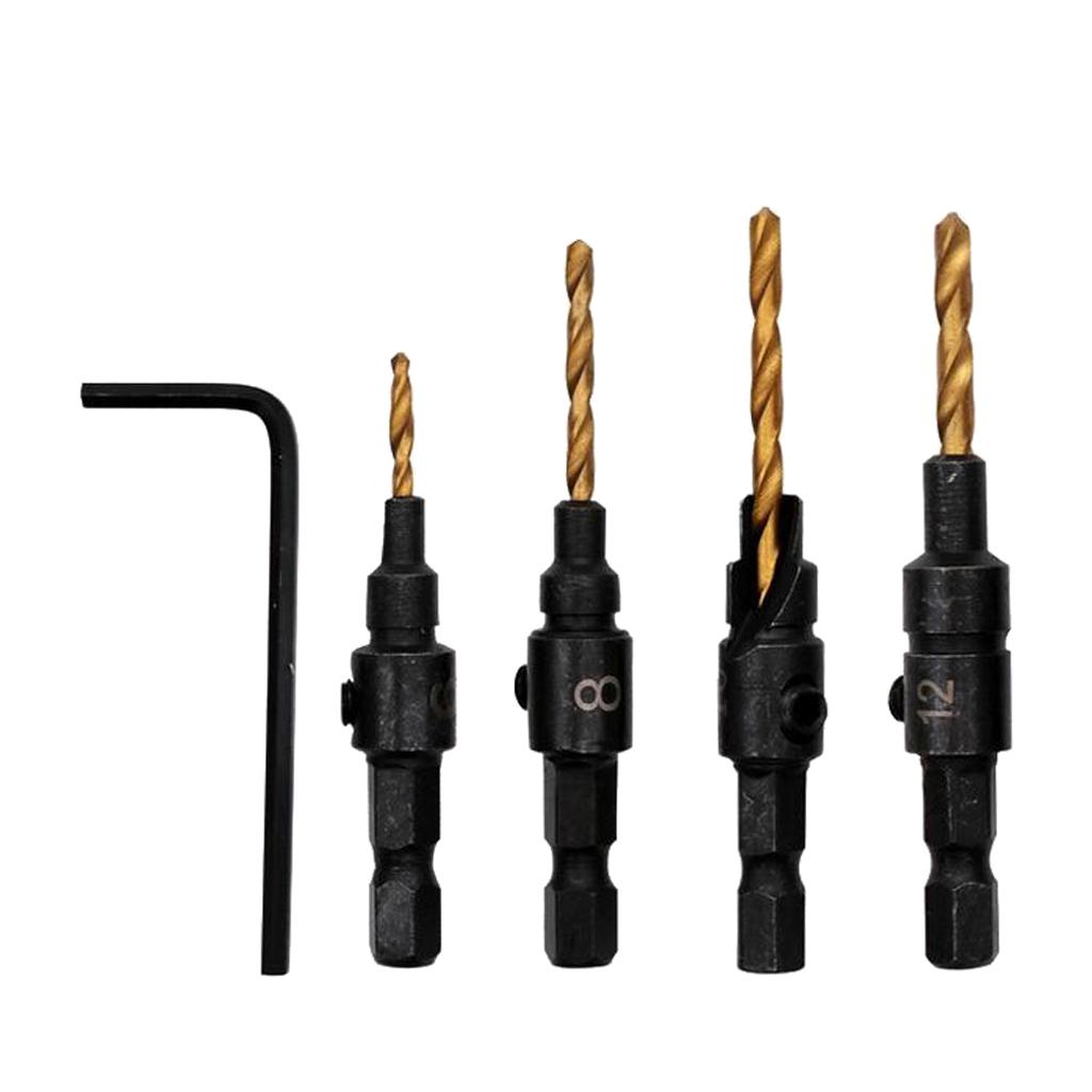 4x HSS Titanium Coated Countersink Drill Bit Set Quick Change Hex Shank Screw #6#8#10#12