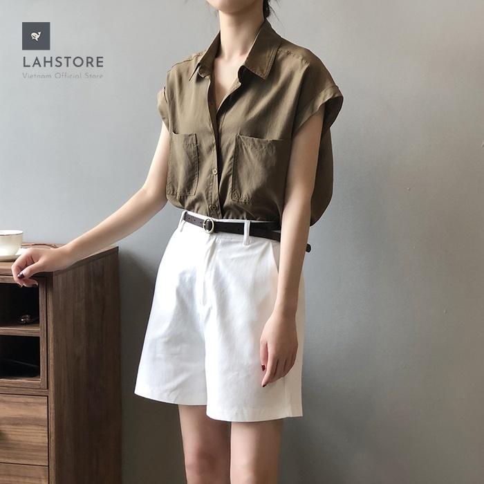 Áo sơ mi thô Linen nữ form rộng cổ bẻ 2 túi ngực trẻ trung LAHSTORE, thời trang phong cách trẻ