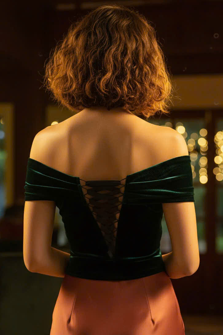 Áo Kiểu Nữ Cao Cấp Áo Trễ Vai Nhung Xanh Thời trang thiết kế Hity TOP115