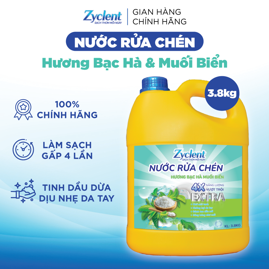 NƯỚC RỬA CHÉN ZYCLENT EXTRA HƯƠNG BẠC HÀ, MUỐI BIỂN - 3.8KG