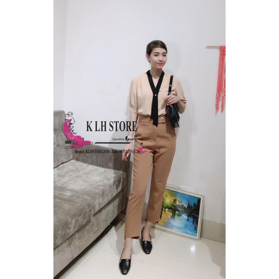 7. KLHSTORE2018 Áo sơ mi nữ màu da/ nude tay ngắn cổ viền đen dây thả đính hạt