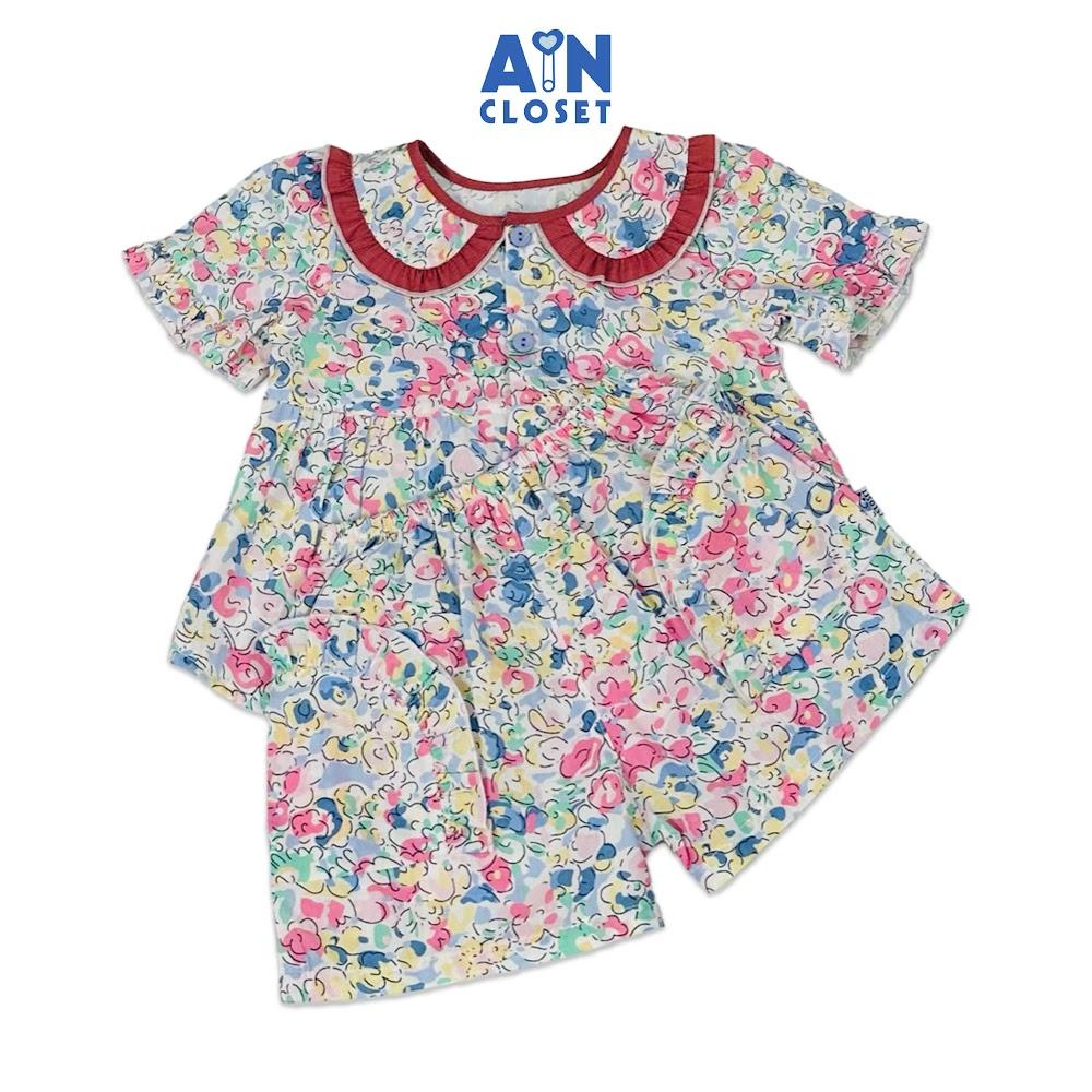 Bộ quần áo Ngắn bé gái họa tiết Hoa Xanh Hồng cotton - AICDBG7PIFLO - AIN Closet