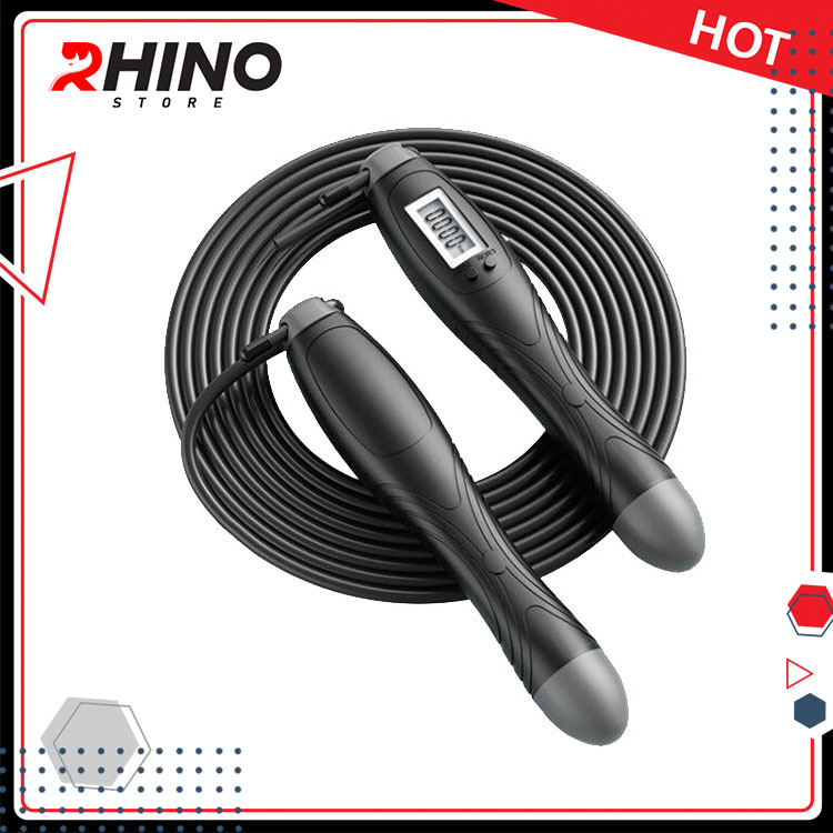 Dây Nhảy Thể Thao Lõi Thép Cao Cấp Rhino J101 Tự Động Đếm Số, Tích Hợp Đo Calo, Quãng Đường - Dùng Cho Muay Boxing Kickboxing - Hàng Chính Hãng - Đen - Dây Thép 2.8M