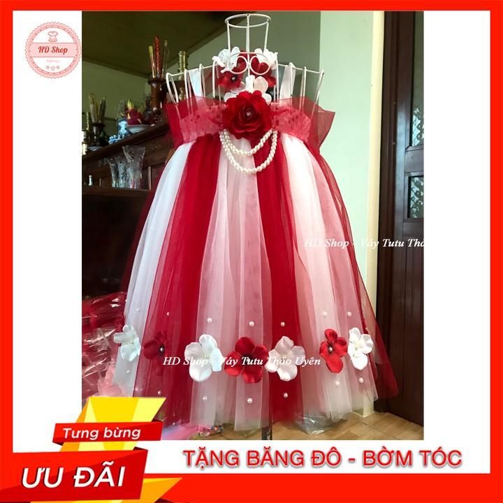 Đầm công chúa cho bé ️FREESHIP️ Đầm công chúa trắng phối đỏ hoa hồng tú cầu cho bé gái