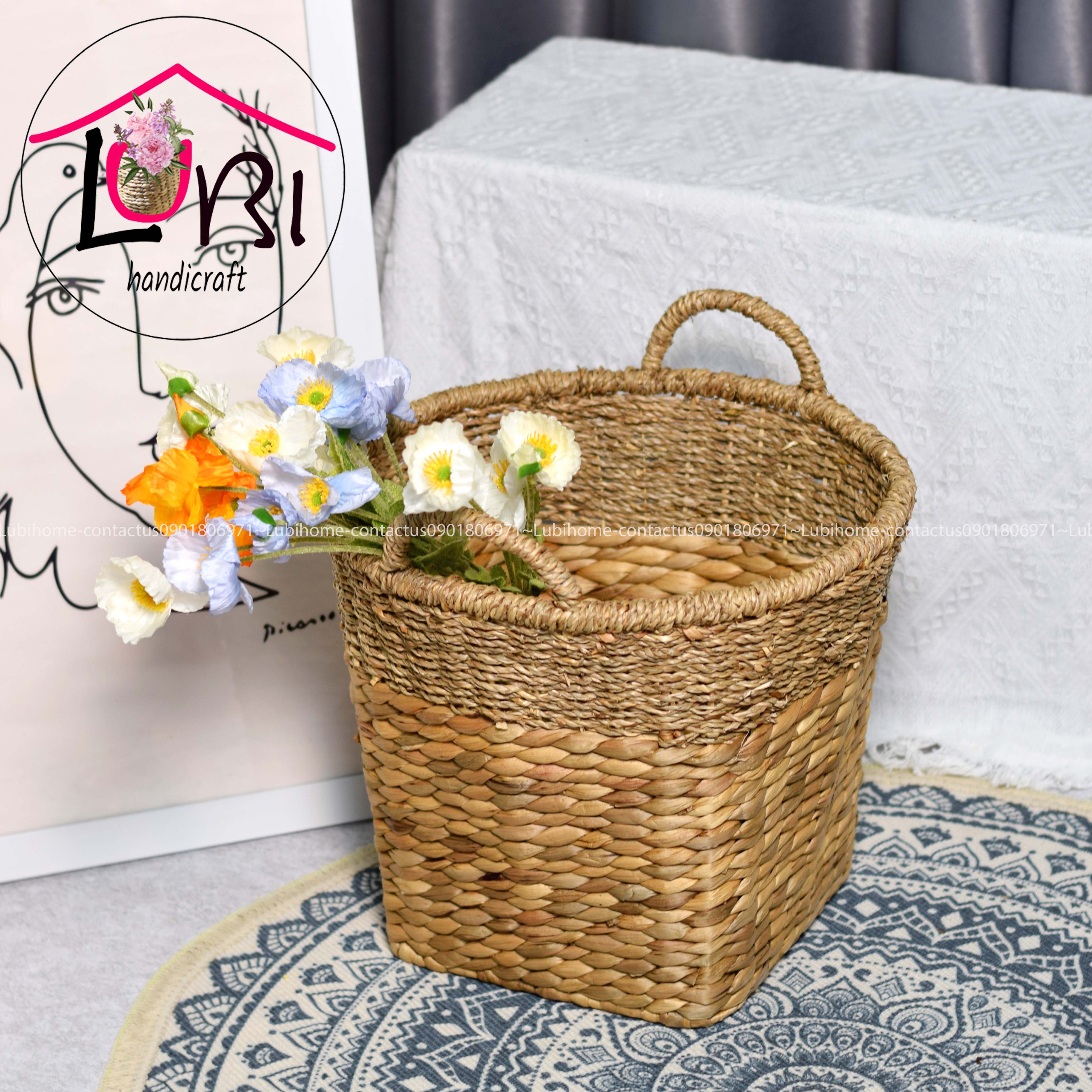Lubihandicraft - Sọt đựng đồ lục bình kêt hợp cói miệng tròn đáy vuông - xinh xắn