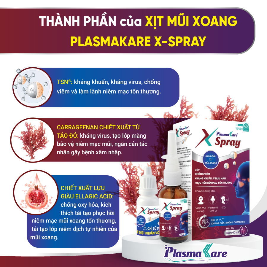 Combo 01 súc miệng họng nano bạc PlasmaKare và 01 xịt mũi xoang nano bạc PlasmaKare X-spray toàn diện cho cúm, VlÊM XOANG, VlÊM mũi dị ứng