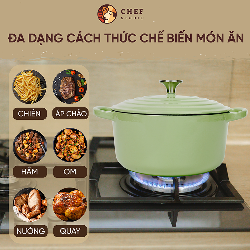 Chefstudio - Nồi Gang Phủ Gốm Xanh Ngọc, Đa Năng, Chống Dính, Giữ Nhiệt Tốt, Phù Hợp Mọi Loại Bếp