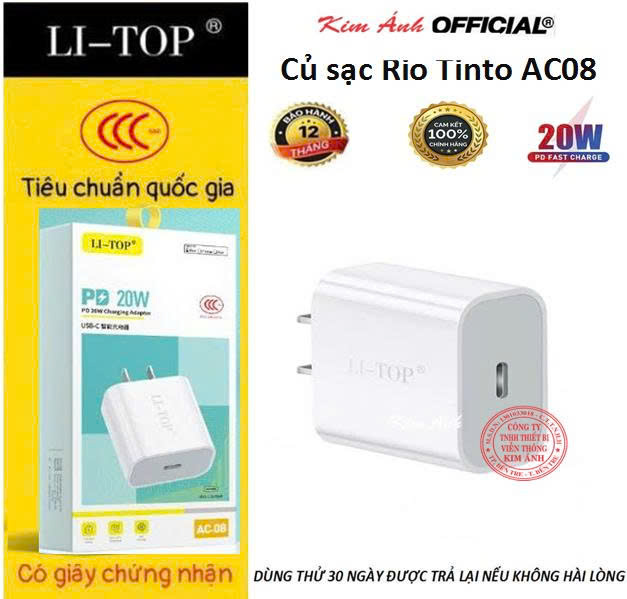 Củ sạc nhanh LI-TOP AC08, PD 20W, đạt chứng nhận 3C tiêu chuẩn quốc gia về an toàn thiêt bị điện, hàng chính hãng bảo hành 12 tháng