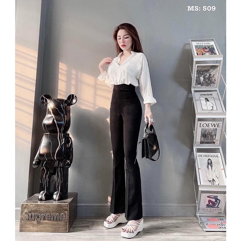 Quần ống loe lưng cao chât cotton co giãn cho nữ siêu tôn dáng,thích hợp cho nàng đi làm,đi dạo