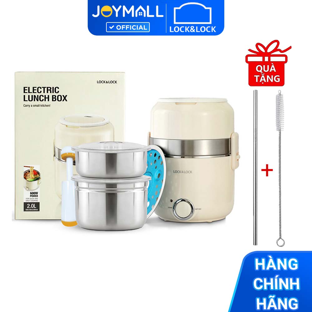 Hộp Cơm Điện Lock&Lock EJR226IVY 2Lít Có Thể Nấu Và Hâm Nóng Thức Ăn, Kèm Dụng Cụ Hút Chân Không - Hàng Chính Hãng Tặng Combo Ống Hút + Cọ Rửa