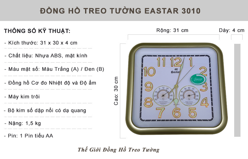 ĐỒNG HỒ KIM TRÔI SỐ NỔI 3D CÓ DẠ QUANG VÀ NHIỆT ẨM KẾ CƠ (KHÔNG DÙNG PIN) - VUÔNG MẶT TRẮNG