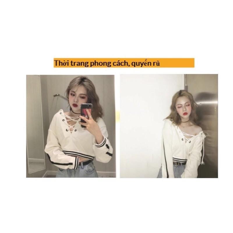 Áo Croptop Nữ Phối Dây Cổ Bo Tay Thời Trang