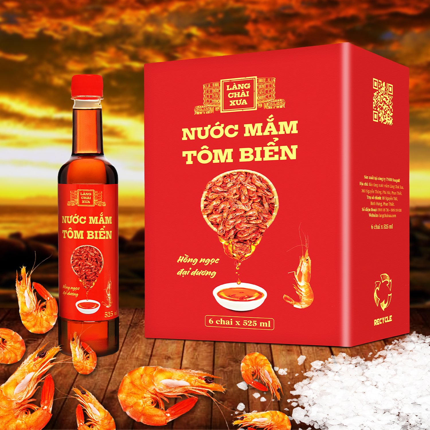 Đặc Sản Phan Thiết - Thùng 6 Chai Nước Mắm Tôm Biển Làng Chài Xưa 525Ml Hồng Ngọc Đại Dương 300 Năm Truyền Thống