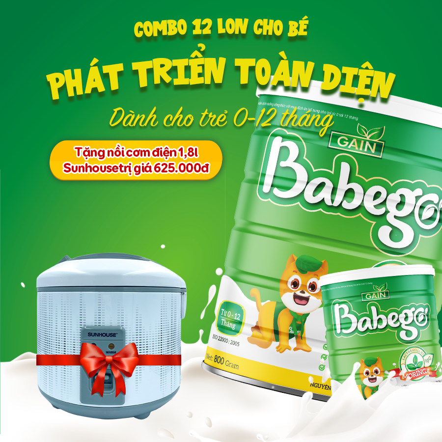 [Combo 12 lon tặng 1 SCT 800gr + quà] Sữa mát tăng cân, cải thiện biếng ăn, táo bón cho bé phát triển toàn diện Babego 0-12 tháng