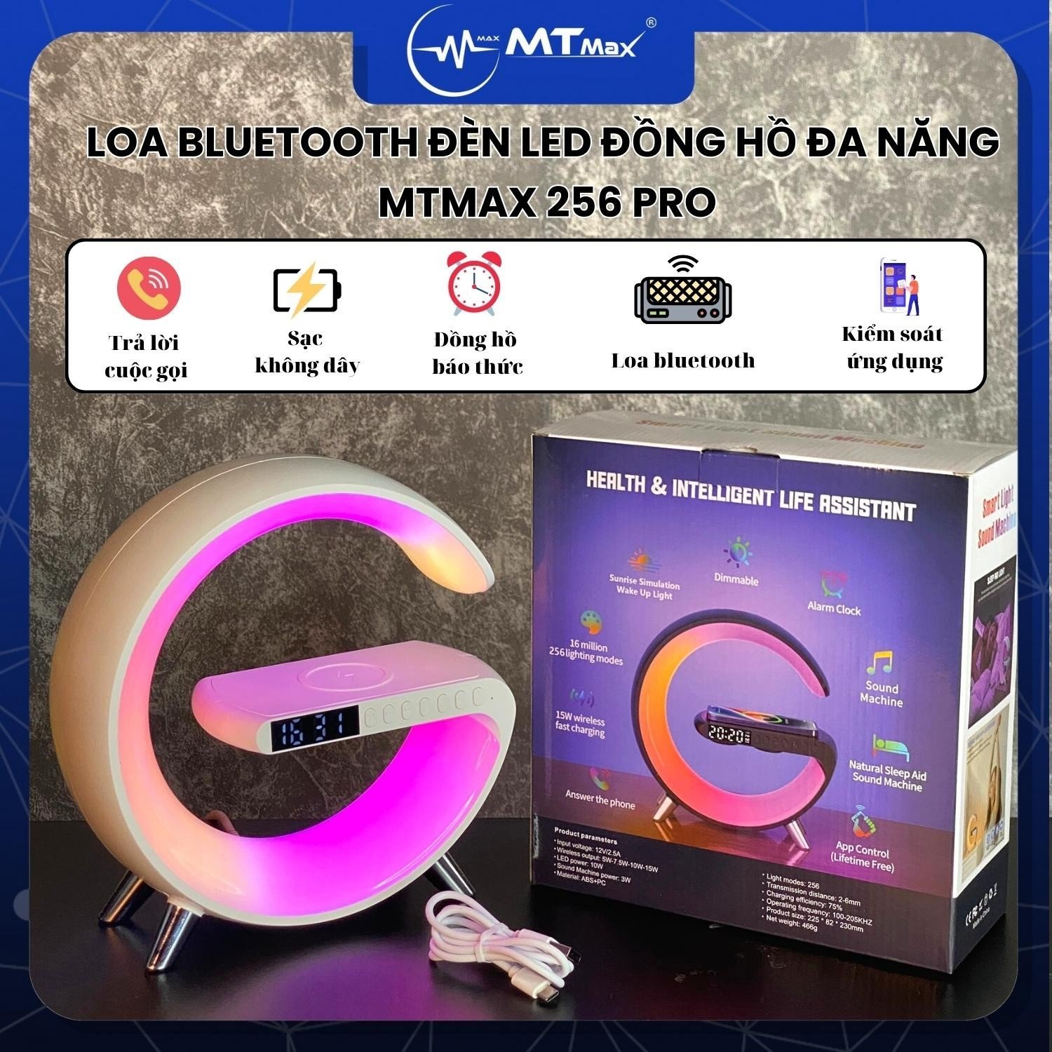 Loa Bluetooth Không Dây MTMax 256 Pro Có Đèn Điều Khiển Bằng Ứng Dụng Điện Thoại- Đèn Led-Loa-Sạc-Đồng Hồ All in one