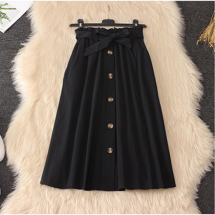 Chân Váy Midi Nữ Kaki Nơ Eo Hàng Cúc Giữa dưới 60kg - Eo Viền Bèo Dáng Dài Nhiều Màu