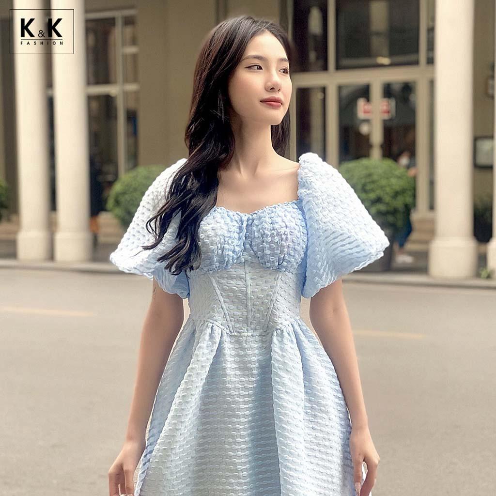 Đầm Xòe Đơn Sắc Tay Phồng Cổ Vuông K&amp;K Fashion HL21-32 Chất Liệu Tơ 3D