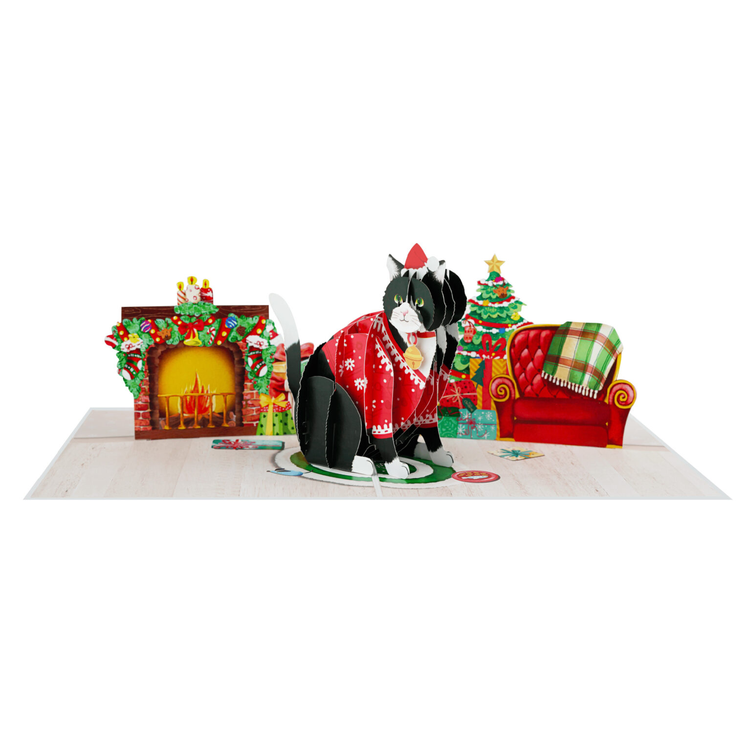 X45 -  THIỆP NOEL 3D MÈO MẶC ÁO LEN ĐỎ